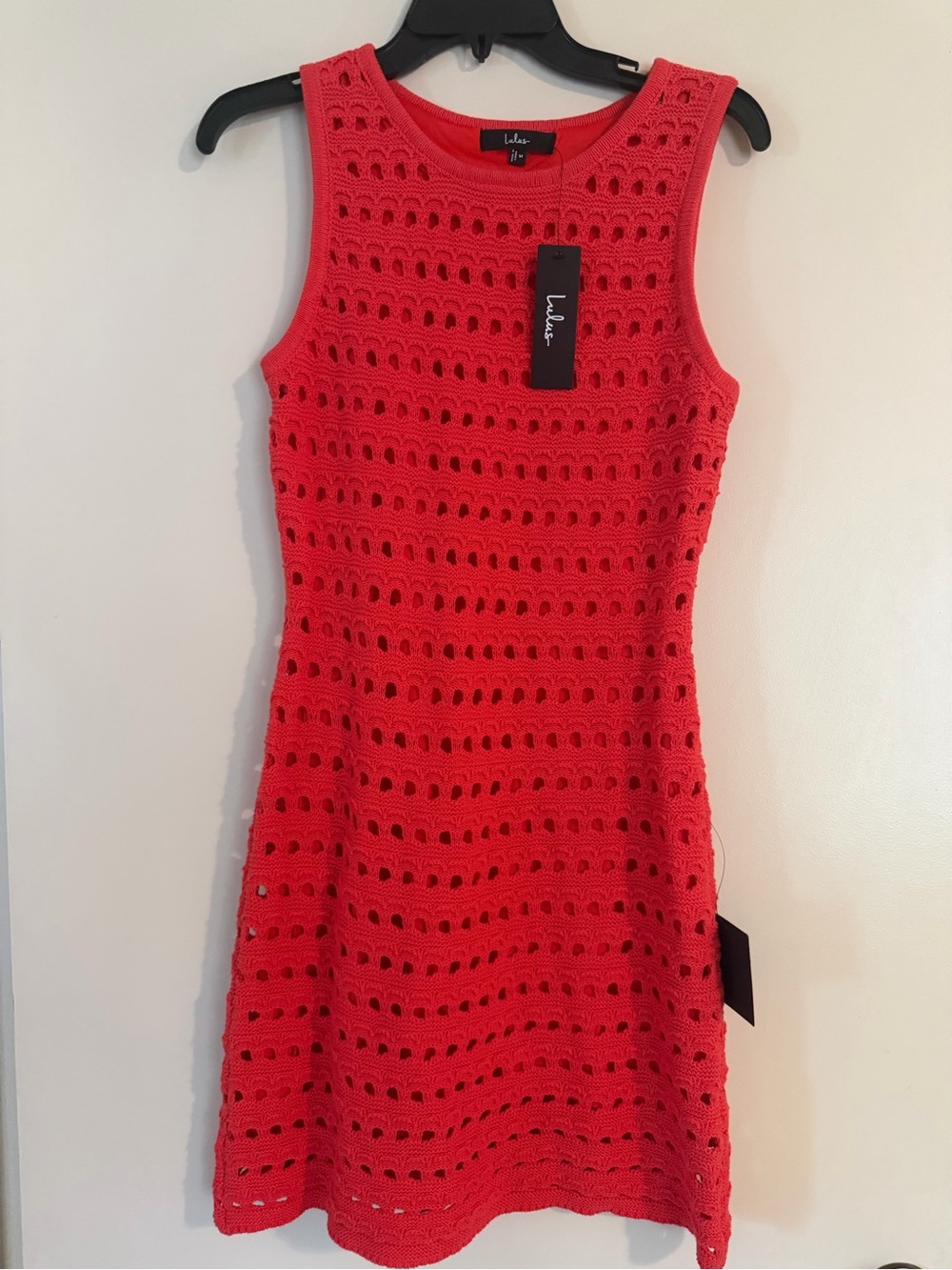 Lulu's Coral-Red Crochet Tank Mini Dress